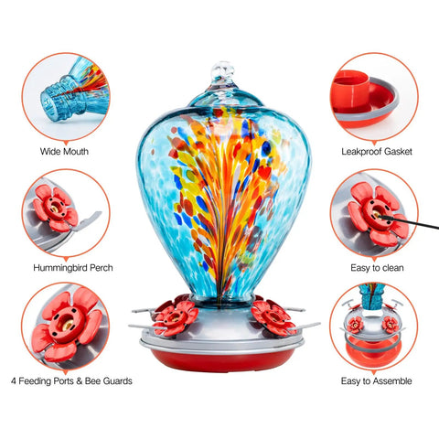 Blown Glass Hummingbird Feeder For Outdoors Hanging 34oz Comet Design, colorful glass with red feeding ports and bee guards