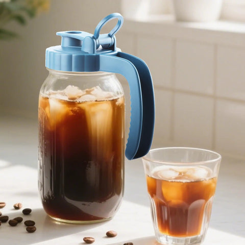 Glass pitcher with blue lid containing iced coffee, Two Pack 64 Oz Wide Mouth Pitchers With Stainless Steel Filters.
