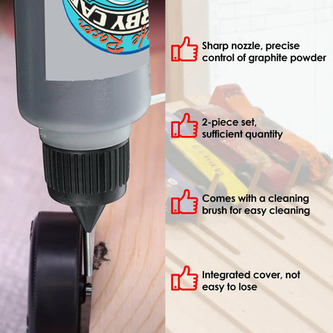 Pinewood Derby Graphite Powder Set With Cleaning Brush 2 Bottles Lubricant Powder For Derby Wheels And Axles Reduces Friction Speed Boost Keeps Axles Smooth Compatible With Derby Kits applied to wheel hub with nozzle shown