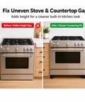 Before and after comparison showing Heavy Duty Range Leveling Feet Risers Four Pack Stove Leg Extensions Adds Three Quarter Inch Lift.