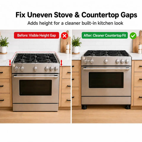 Before and after comparison showing Heavy Duty Range Leveling Feet Risers Four Pack Stove Leg Extensions Adds Three Quarter Inch Lift.