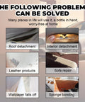Headliner Repair Adhesive For Upholstery And Roof Liner Quick Fix Glue With Strong Bond For Fabric And Leather In Car Interiors 100ml DIY Friendly Auto Interior Adhesive For Fast No Fuss Repair demonstrated in various scenarios like roof and interior detachment, leather products repair, sofa repair, wallpaper falls off, and sponge bonding.