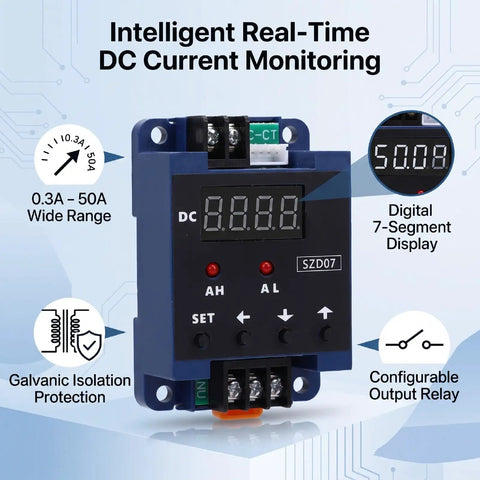 Hella Responsive DC Digital Amp Meter Shows Zero Point Three To Fifty Amperes On Sharp LCD Screen While Running Real Time Monitoring Plus Smart Relay Triggers For Tight Workshop Builds Smooth EV Swaps And Deckboat Mods with digital display and connectors.