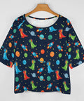 Space Dragon Galaxy Print Tee With Boat Neck And Loose Fit Short Sleeve Dope Cartoon Dinosaurs Planets And Stars Top
