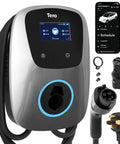 Premium Level 2 Electric Vehicle Charger With Adjustable 40 Amp Home Evse For Tesla And J1772 Models ETL Certified display screen and connectors.