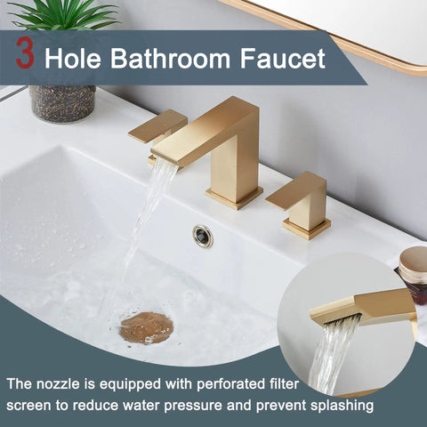 Sleek Brushed Gold 3 Hole Waterfall Bathroom Faucet With Dual Handles, Modern Vanity Sink Faucet Set, Easy Installation With Supply Hoses And Drain, 4.4 Inch Body, 5.5 Inch Spout Extension, Stylish Home Upgrade