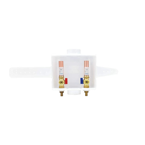 Half Inch Crimp PEX Connection White Center Drain Washing Machine Outlet Box With Hammer Arrestors displayed front view