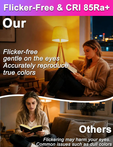 Woman reading under Lit Color Changing LED Light Bulbs 70W Equivalent A19 Base, RGBW Dimmable, warm white 2700K lighting in cozy room