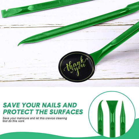 Nine Piece Plastic Scraper Tool Set For Scratch Free Crevices And Sticker Removal in green shown with three scraper heads