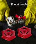 Two Pack Iron Valve Hand Wheels With 6mm By 6mm Square Hole, Sturdy Grip, shown with wrench and faucet handle