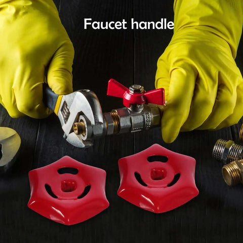Two Pack Iron Valve Hand Wheels With 6mm By 6mm Square Hole, Sturdy Grip, shown with wrench and faucet handle