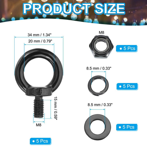 M8x15mm Lifting Shoulder Eyebolt Set 5 Pieces Black 304 Stainless Steel with Hex Nut, Lock Washer, and Flat Washer