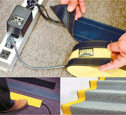4 Inch Carpet Cord Cover Strip SafCord hide cables on gray commercial Berber loop carpets and barber rugs, securing wires.