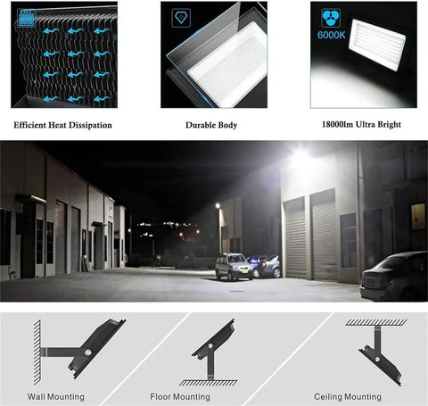 JUDYSSY Flood Lights Outdoor White Light 800W 1000W showing efficient heat dissipation and durable body design with multiple mounting options.