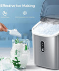 Quiet Countertop Nugget Ice Machine Packs Self Cleaning Tech And Instant Chill Power To Drop Snack Sized Pebble Ice Hella Fast For Weekend Hangouts And Tailgates with ice being scooped into a pitcher.