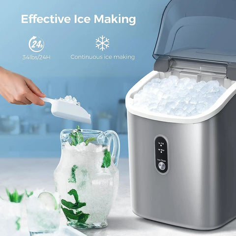 Quiet Countertop Nugget Ice Machine Packs Self Cleaning Tech And Instant Chill Power To Drop Snack Sized Pebble Ice Hella Fast For Weekend Hangouts And Tailgates with ice being scooped into a pitcher.