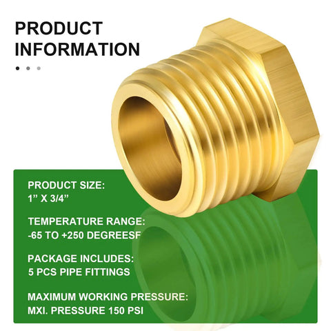 Brass Pipe Fitting Reducer Kit One Inch NPT Male To Three Quarter Inch NPT Female Adapter Hex Bushing product specs image