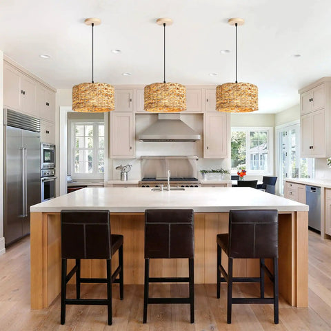 Natural Rattan Chandelier With Handwoven Wicker Pendant Light, Retro American Country Farmhouse Vibe For Dining Room Kitchen