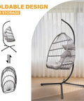Outdoor Hanging Egg Chair With Stand For Patio And Garden Cozy Weatherproof Wicker Hammock Chair With Plush Cushion shown indoors