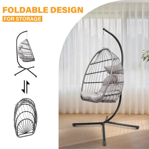 Outdoor Hanging Egg Chair With Stand For Patio And Garden Cozy Weatherproof Wicker Hammock Chair With Plush Cushion shown indoors