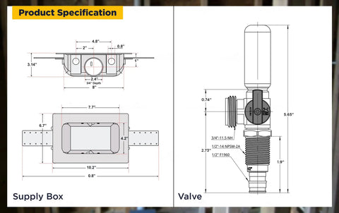 Product specifications of Heavy Duty ABS One Piece Washer Box With Brass Water Hammer Arrestor, Center Drain, Half Inch PEX