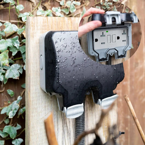 20A GFCI Outlet Self Test With LED Indicator, Weather Resistant, Outdoor Mounted on Wooden Post, Includes Screwless Wall Plate