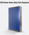 100 Drawer Parts Cabinet With Mega Capacity For Garage Shop Tools, Ultimate Bolt Organizer And Hardware Bin, front view with blue drawers