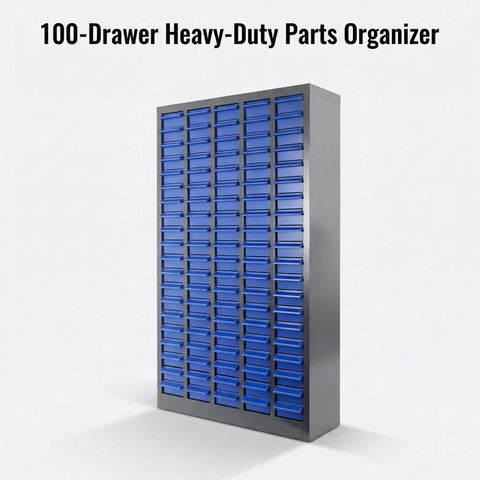 100 Drawer Parts Cabinet With Mega Capacity For Garage Shop Tools, Ultimate Bolt Organizer And Hardware Bin, front view with blue drawers
