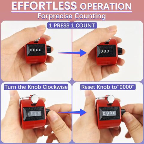 Heavy Duty 2 Pack Metal Clicker Counter With 4 Digit Mechanical Hand Tally Display demonstrating effortless operation and reset feature.