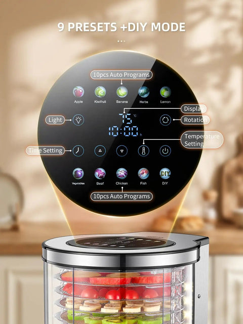 No Fuss Big Batch Stainless Steel Food Dehydrator With 10 Removable Racks And True 360 Rotating Drum showing digital control panel for presets.