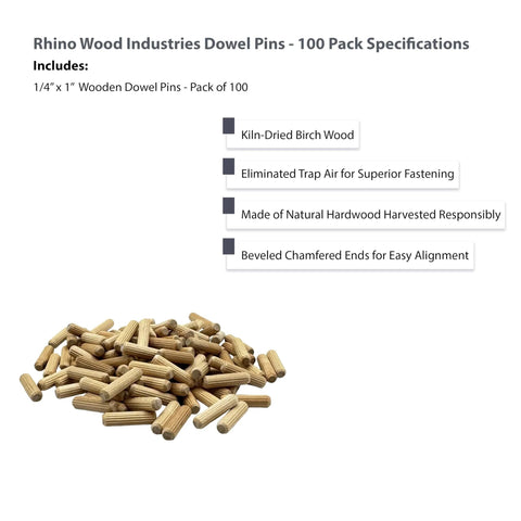 Birch Wood Dowel Pins One Quarter Inch By One Inch One Hundred Pack Kiln Dried Fluted Beveled Ends For Even Glue Distribution