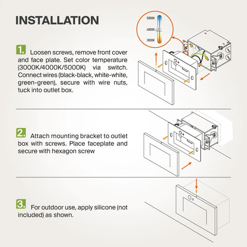 Installation guide for Hardwired Recessed Stair Step Light Kit For Indoor Outdoor Use 3CCT (3000K-5000K) Motion Sensor Waterproof ETL Listed 3W 120LM Black Finish 4 Pack Ideal For Architectural Stairs And A Safe Soft Glow For Hallways.