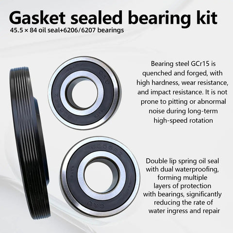 Heavy Duty Washer Tub Bearings And Seal Kit Builds A Ridiculous Seal To Stop The Screeching Slaps Easy Into Samsung Front Load Machines Replaces Dc6200156a 6601002632 Upgraded Oem Parts Whew No More Loud Laundromat Vibes, featuring two 6206/6207 bearings with a black gasket seal.