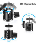 Heavy Duty Super Clamp Mount Workhorse With Mini Ball Head And 1/4 Inch Screw Hot Shoe Adapter, 360° swivel angles shown.