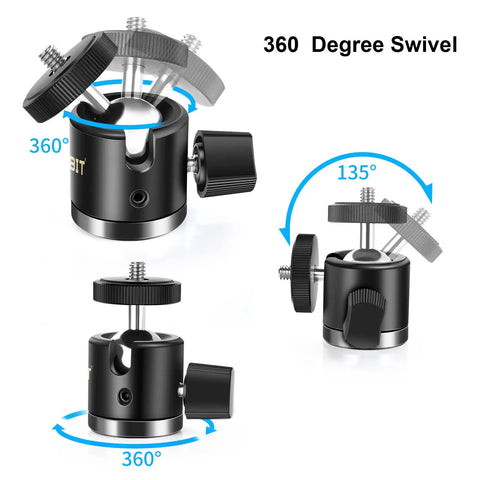 Heavy Duty Super Clamp Mount Workhorse With Mini Ball Head And 1/4 Inch Screw Hot Shoe Adapter, 360° swivel angles shown.