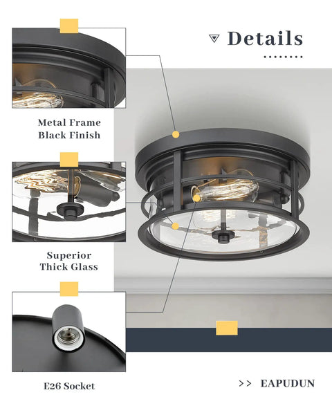 Details of Two Light Matte Black Flush Mount Ceiling Fixture With Clear Glass Shade For Hallway Entryway Bedroom Porch 12 Inch.