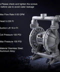 Tough As Nails Air Operated Double Diaphragm Pump Featuring One Point Five Inch Ports And Polypropylene Construction For Reliable Waste Oil And Chemical Transfer At 50 Gpm, showing pump specifications with stainless steel and aluminum alloy parts.