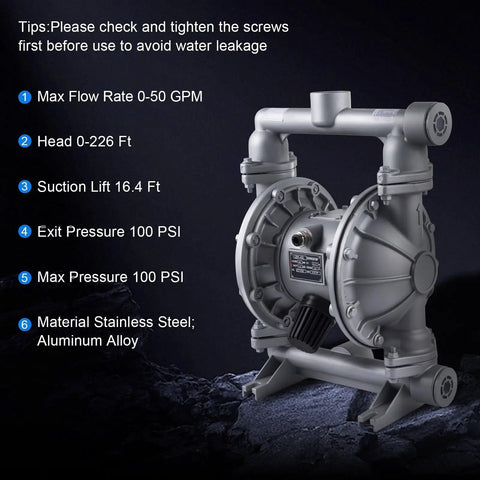 Tough As Nails Air Operated Double Diaphragm Pump Featuring One Point Five Inch Ports And Polypropylene Construction For Reliable Waste Oil And Chemical Transfer At 50 Gpm, showing pump specifications with stainless steel and aluminum alloy parts.