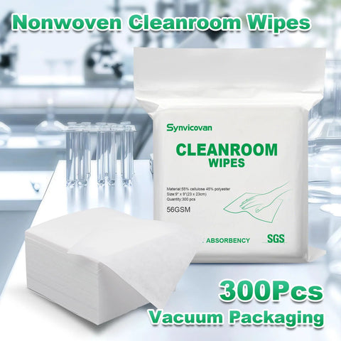 Cleanroom wipes, nonwoven 9x9 in, 56 GSM cellulose/polyester blend, 300 pcs, vacuum-packed
