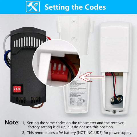 Ceiling Fan Remote Control Kit With Receiver And 3 Speed Light Dimmer, open back view showing battery slot and dip switches.