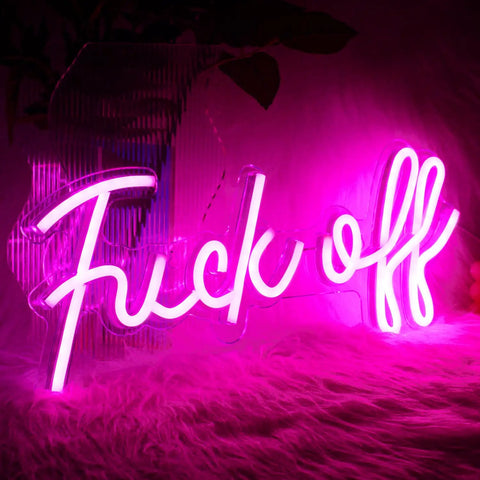 Pink USB Neon That Says Fuck Off Bright Wall Light For Bedroom Game Room Bar Or Office Real LED Neon Look on pink fur