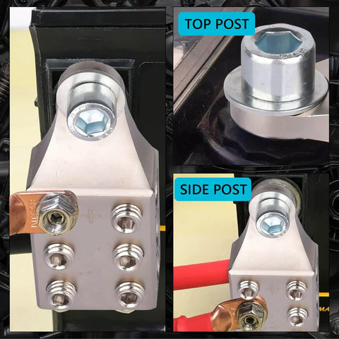 Heavy Duty Battery Post Terminals For One Zero To Six AWG Side Post And Top Post With Bolt Six Way Terminal Design