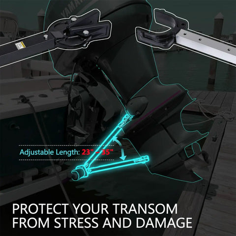 Transom Saver For Boats 23 To 35 Inches Adjustable Boat Motor Support with heavy duty composite head installed on motor.