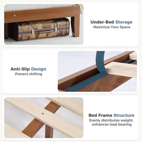 Under-bed storage and anti-slip design of Heavy Duty Solid Pine Queen Platform Bed Frame With Stylish Headboard Thick Wood Slat Support.