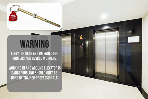 Beefy Universal Elevator Drop Key 2 Pack With Red Hang Tag next to a double elevator door in a modern building with safety warning.