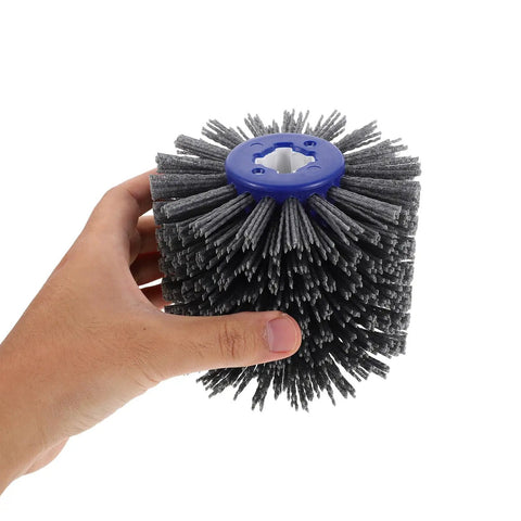 Wakauto Abrasive Nylon Fiber Polishing Wheel Brush For Wood Doors And Furniture With 60 Grit, hand-held view, nylon material.