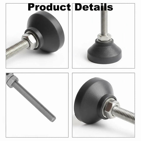 Close-up of Heavy Duty M6 Furniture Leveling Feet Squash The Wobbles Off Tables Cabinets And Workbenches Quick with swivel nylon base.