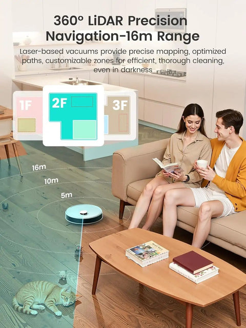 Couple on couch with All In One Robot Vacuum And Mop with 12000Pa Suction navigating floor with LiDAR mapping