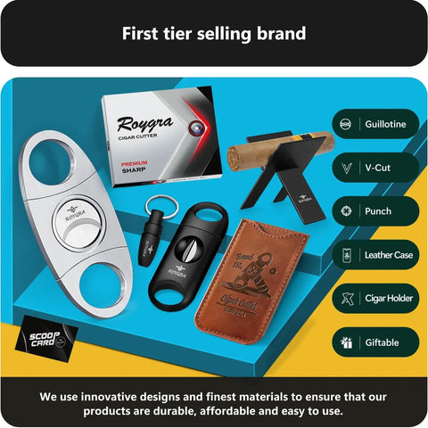 Five Piece Cigar Cutter Set With Stainless Steel Guillotine, V Cut, Punch, Cigar Stand, Leather Case And Gift Box