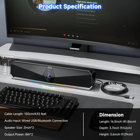 CS30 Bluetooth Desktop Speakers With USB Plug And Play For PC, Laptop, And Tablet, 16.5-inch soundbar with cable dimensions shown